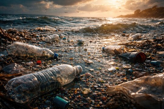 Environmental impact of ocean pollution caused by floating plastic bottles and microplastic debris