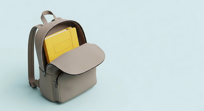 Minimalist beige backpack with yellow notebook inside on light blue background with copy space