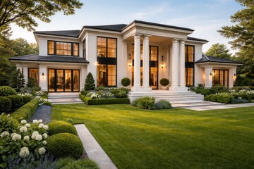 Obraz premium Contemporary upscale home featuring pristine yard with vibrant grass and classic architectural columns