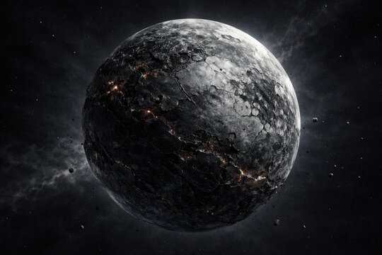AI rendered damaged grayscale planet with textured surface floating in space