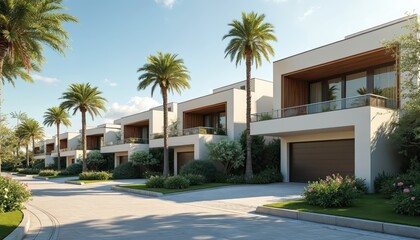 Fototapeta premium Modern white villas with garages and balconies line sunny street. Tall palm trees and green bushes surround luxurious residential homes in quiet neighborhood. This is perfect place for family living.