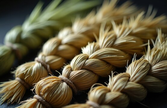 Braided sweet grass bundles tied with twine. Natural texture detail shows fine fibers woven together. Organic plant material evokes heritage and craft skills.