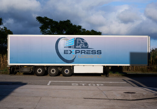White Cargo Semi-trailer Truck on Roadside. PSD Template Mockup