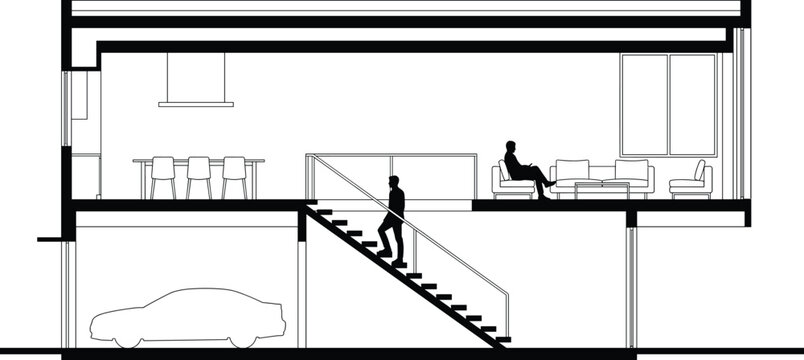 Modern house cross section architectural drawing with interior layout staircase garage living room kitchen furniture silhouettes minimalist residential building vector illustration