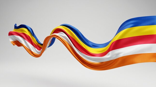 Sri Lankan Buddhist Flag Flowing Wave Ribbon, Realistic Fabric Texture with Blue Yellow Red White Orange Stripes, Vesak Festival Banner Design