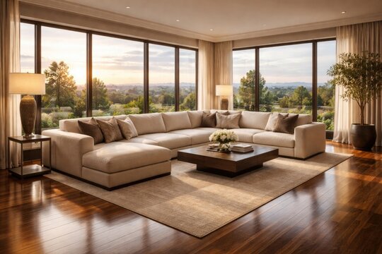 Upscale living room interior with large beige corner sofa and polished wooden floor featuring expansive panoramic windows