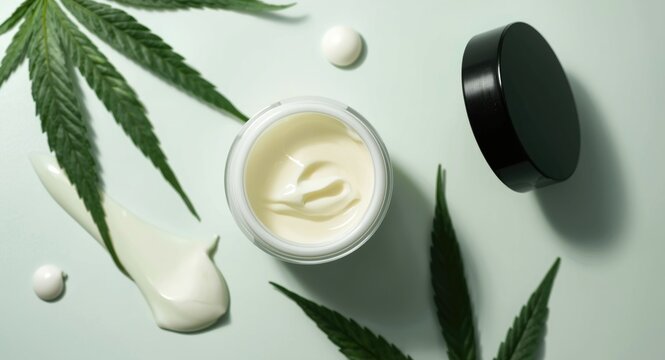 White hemp lotion and cannabis cream jar in flat lay composition