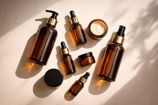 Top view of cosmetic containers in amber glass with distinct shadow shapes on neutral background