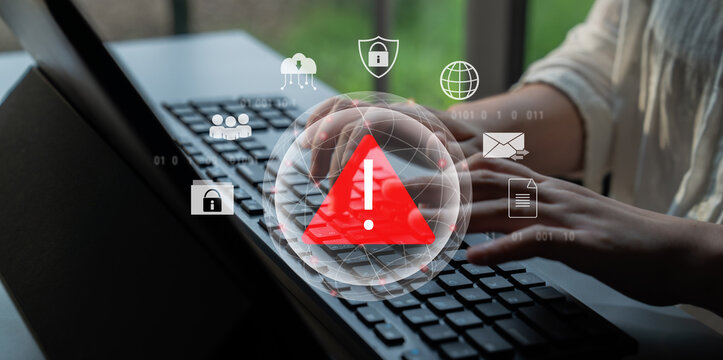 Red warning triangle representing a cybersecurity threat or data breach alert, surrounded by digital security and network protection icons, symbolizing cyber risk awareness Parse