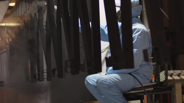 Industrial worker wearing protective gear operating a spray gun to apply paint coating on hanging metal components as part of a manufacturing production line