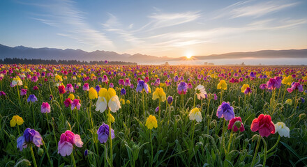 Obraz premium A field of colorful flowers under a cloudy sky isolated on transparent background