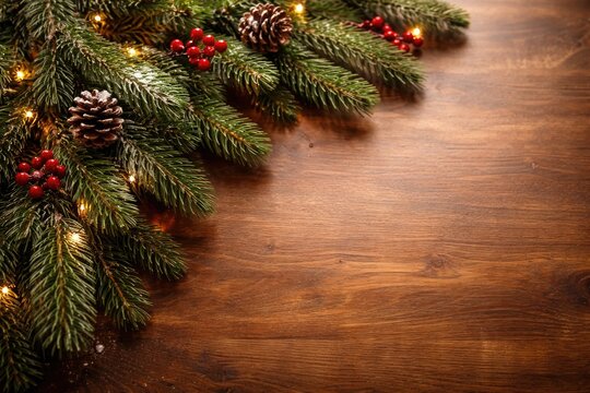 Festive evergreen sprig on a smooth wooden surface background with copy space