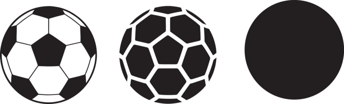Three soccer balls icons including classic pentagon hexagon pattern and plain circle on transparent background.