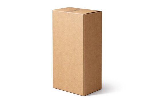 Half profile view of a tall brown cardboard package on a clean white background template
