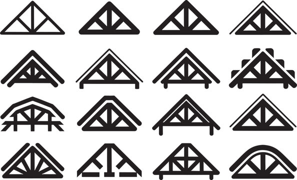 Set of roof truss structures including various geometric designs on transparent background for architecture.