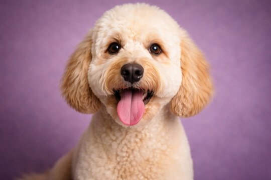 Happy Labradoodle pet showing tongue after grooming on purple backdrop