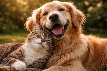 Obraz premium Happy dog and cat enjoying a peaceful moment together