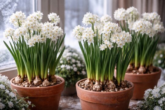 Neatly arranged white narcissus paperwhite bulbs flowering during winter season