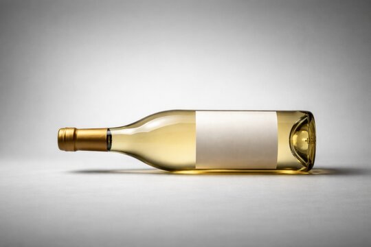 White wine bottle positioned horizontally in a studio setup featuring a gray background and copy space