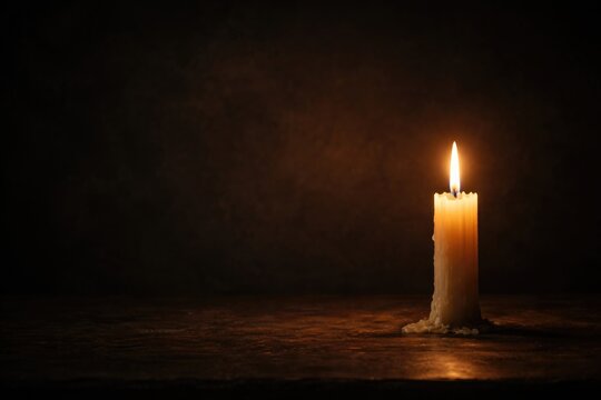 Single candle casting a tranquil glow in a shadowy space with copy space