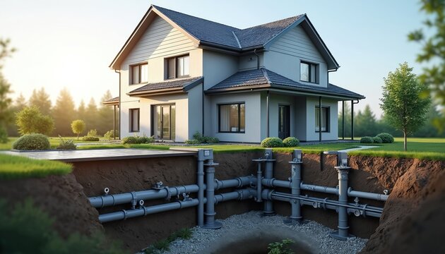 Modern house with underground utility systems. Visible pipes for water supply and sewage connection. Residential infrastructure development for new home construction.