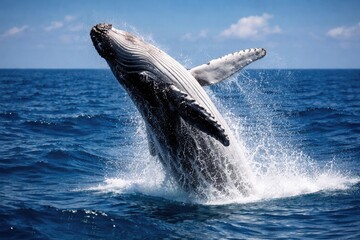 Fototapeta premium Energetic Humpback Whale juvenile breaching in deep blue sea