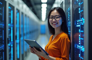 Fototapeta na wymiar Asian woman in glasses holds tablet near glowing server racks. She works in data center managing IT infrastructure and digital data streams. Technology pro smiles.