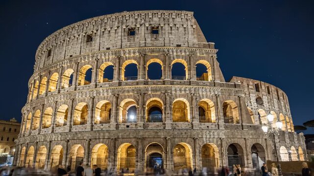 Beautiful night view of Colosseum in Rome. Tourists explore ancient architecture. Vibrant atmosphere captures history and culture. Iconic landmark shines brightly under stars.