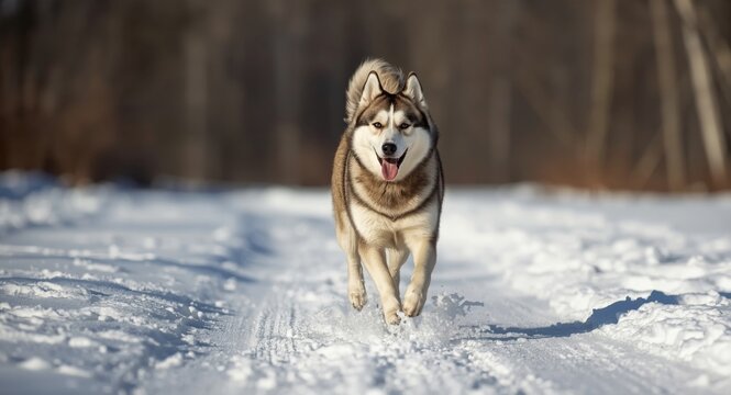 Sunny Siberian Husky enjoying brisk winter afternoon run