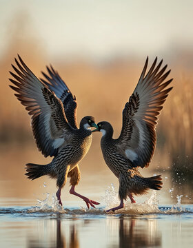 Two ruff birds face each other on water. They splash, flap wings, show colorful feathers. Males compete during spring mating season display. Bird fight happens in wetland.