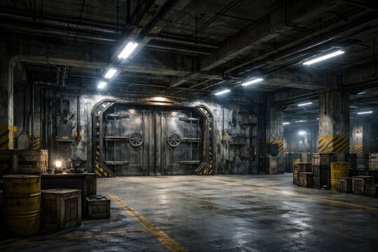 Interior view of a secure underground fallout shelter with reinforced metal doors in a deep multi level parking structure