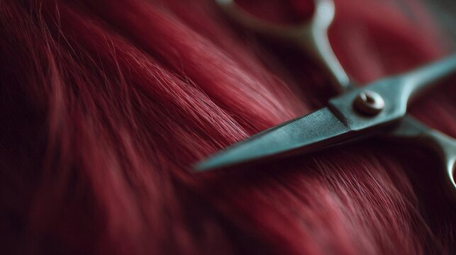Close-up of a pair of scissors resting on top of a pile of red hair. the scissors are silver in color and have a pointed tip. the hair appears to be shiny and shiny, and the color is a deep, rich red.
