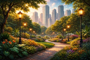 Fototapeta premium Vibrant square artwork showing a city park with plants, lamps and high rise backdrop