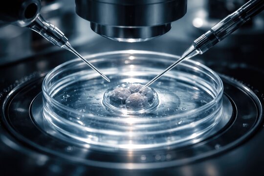 Macro shot of advanced IVF micromanipulation equipment with Petri dish highlighting embryo preservation techniques