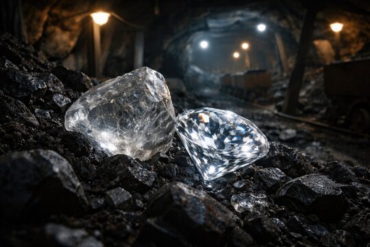 Coal mine interior featuring uncut diamond alongside cut diamond gemstone