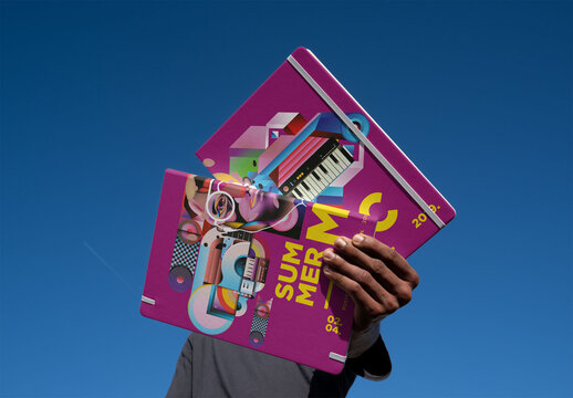 Front and back notebook cover in A4. PSD template mockup