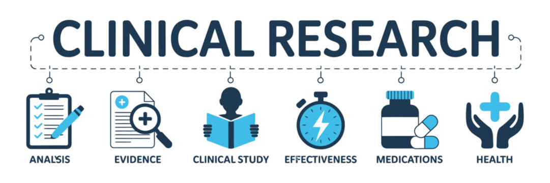 Clinical research infographic banner with flat medical icons