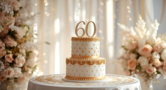 Luxurious 60 year celebration cake with golden highlights and clear space for personal message celebration theme