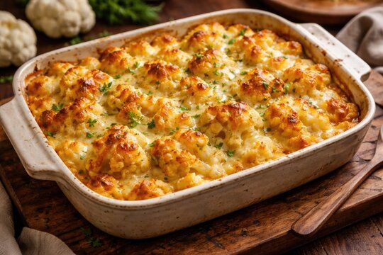 Golden cauliflower casserole with rich cheese and milk sauce on wooden board