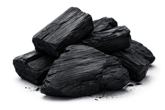 Close up of black charcoal carbon texture with a smooth finish on white background