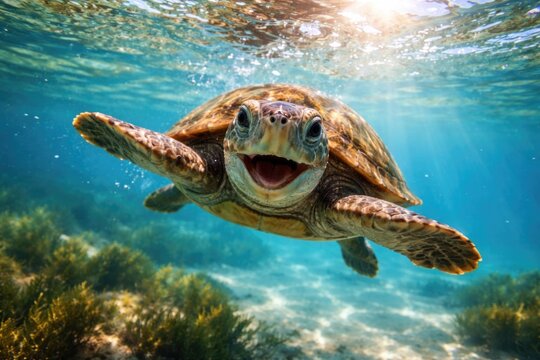 Happy pet turtle swimming underwater on a sunny summer day