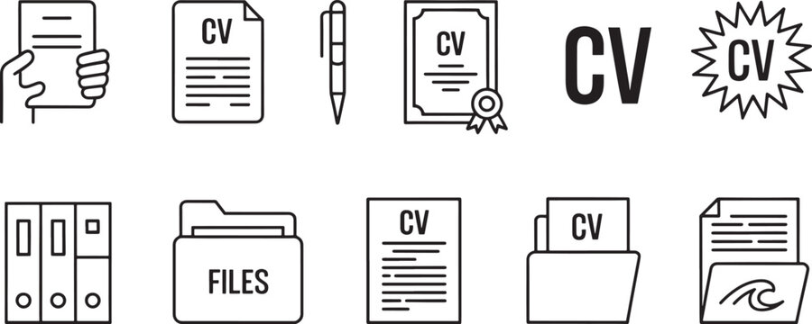 Icons representing curriculum vitae cv documents folders and pen on transparent background.