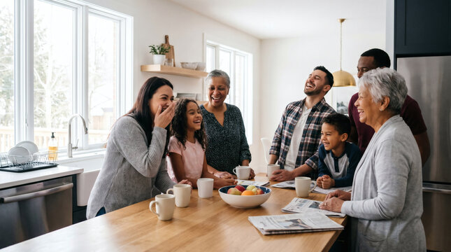 Multi generational family cooking together in bright modern kitchen at home