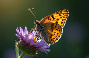Fototapeta premium Large brown dotted butterfly sits on purple flower. Insect wings are orange with black spots. Macro view shows insect details on green blurry background. Sunlight highlights butterfly.