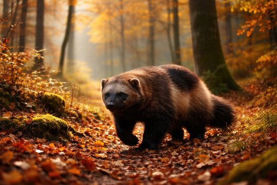 Solitary wolverine wandering colorful autumn woodland with soft sunlight