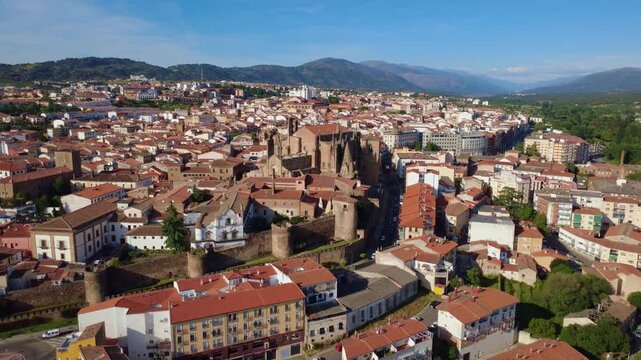 Aerial view od medieval Plasencia cathedral and city walls
