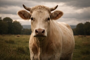 Obraz premium A serene cow looking towards the viewer beneath an overcast sky suited for fine art imagery