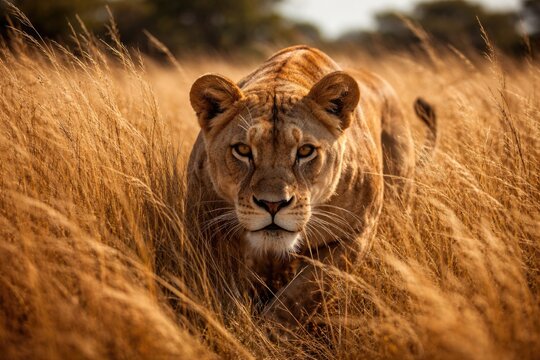Alert lioness stalking prey in tall grass on a sunny savanna day