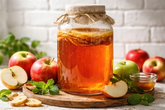Nutritious probiotic kombucha in jar with apples on white brick background vertical format