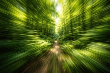 Obraz premium Dynamic motion blur on green abstract forest background illustrating swift flow
